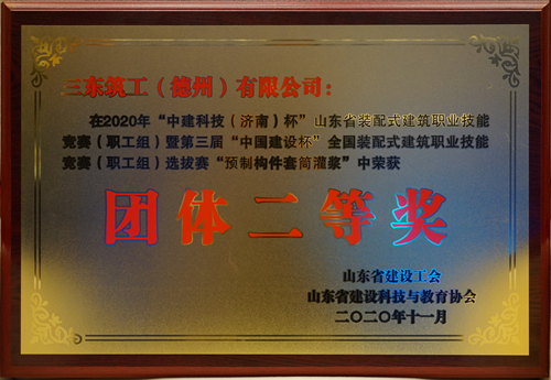 三东筑工荣获“第三届中国建设杯”（2020年预制构件套筒灌浆）团体二等奖